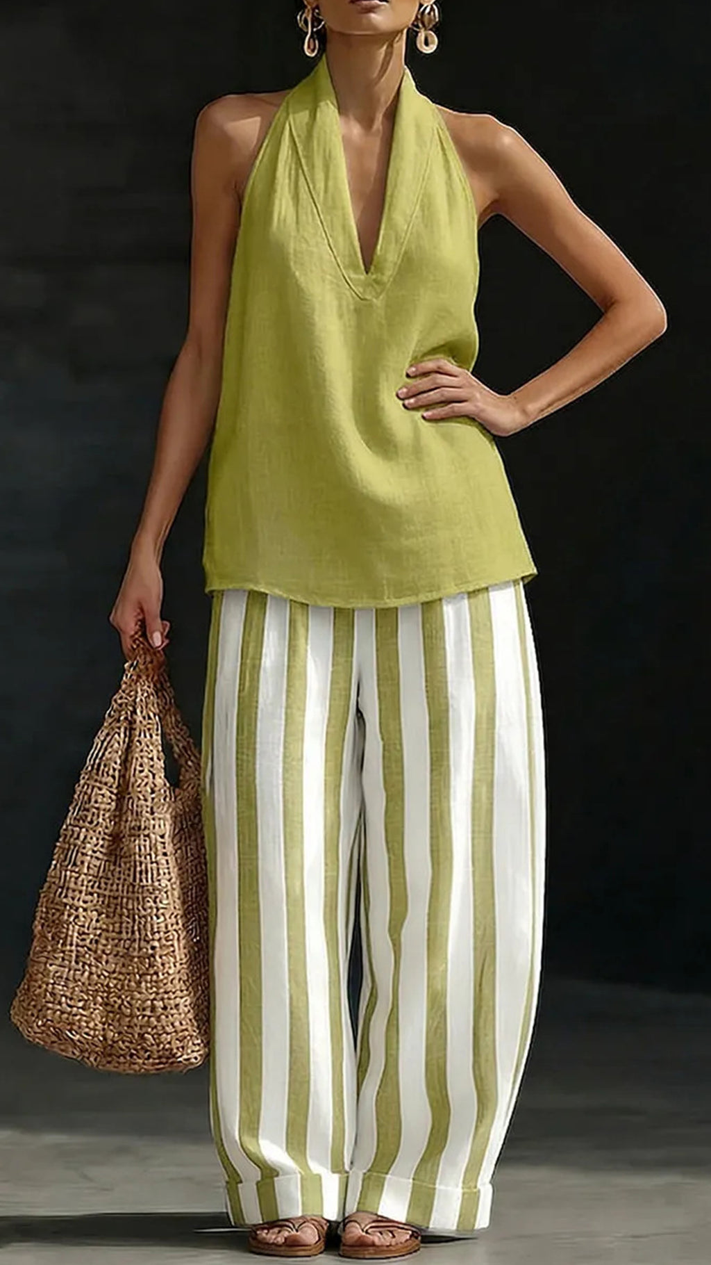 Women’s Cotton Linen Halter Stripe Wide-Leg Set
