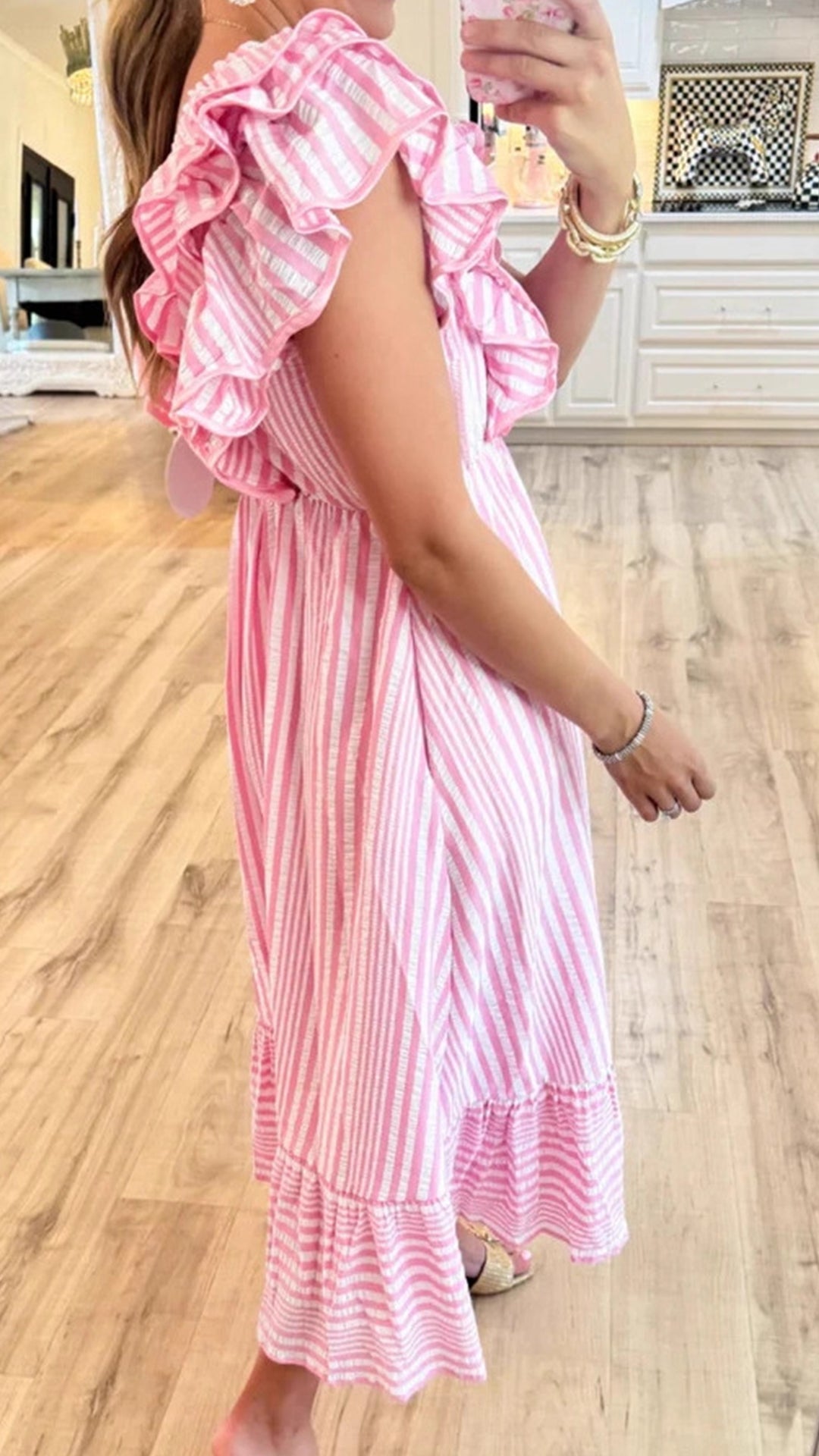 Women’s Ruffled V-Neck Striped Loose Maxi Dress