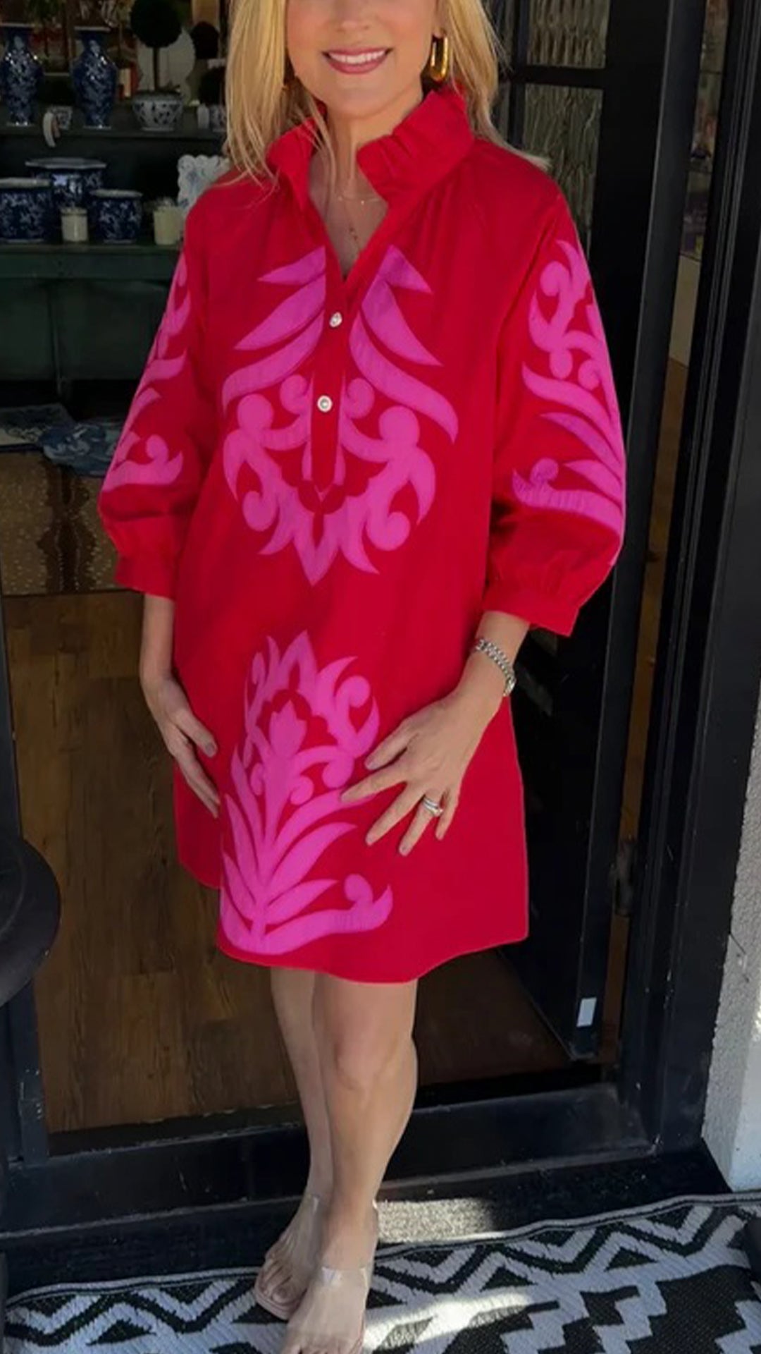 Women’s Stand Collar 3/4 Sleeve Printed Loose Shirt Mini Dress