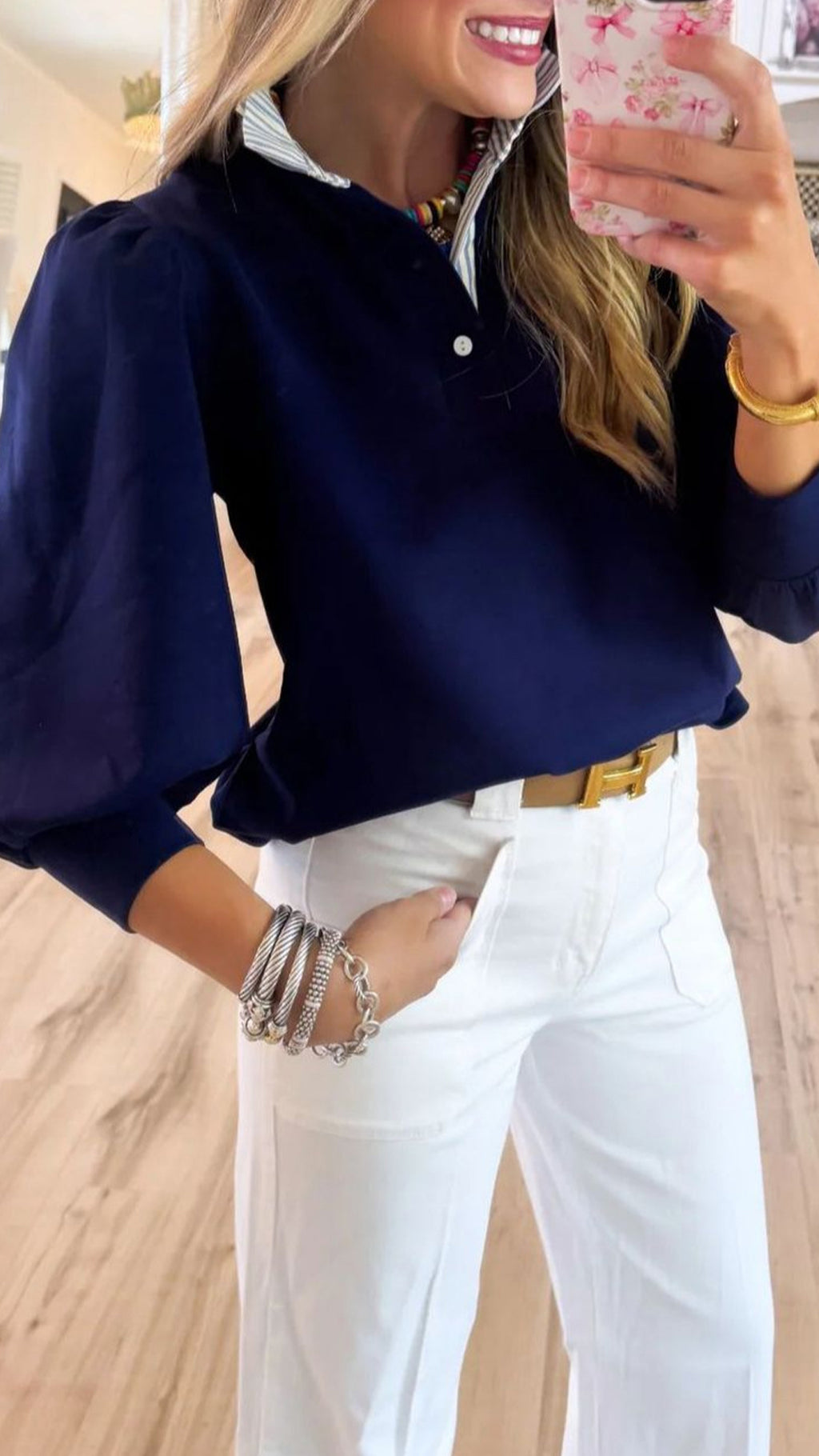Women’s  Stand Collar Color-Blocked Striped Loose Puff Sleeve Blouse