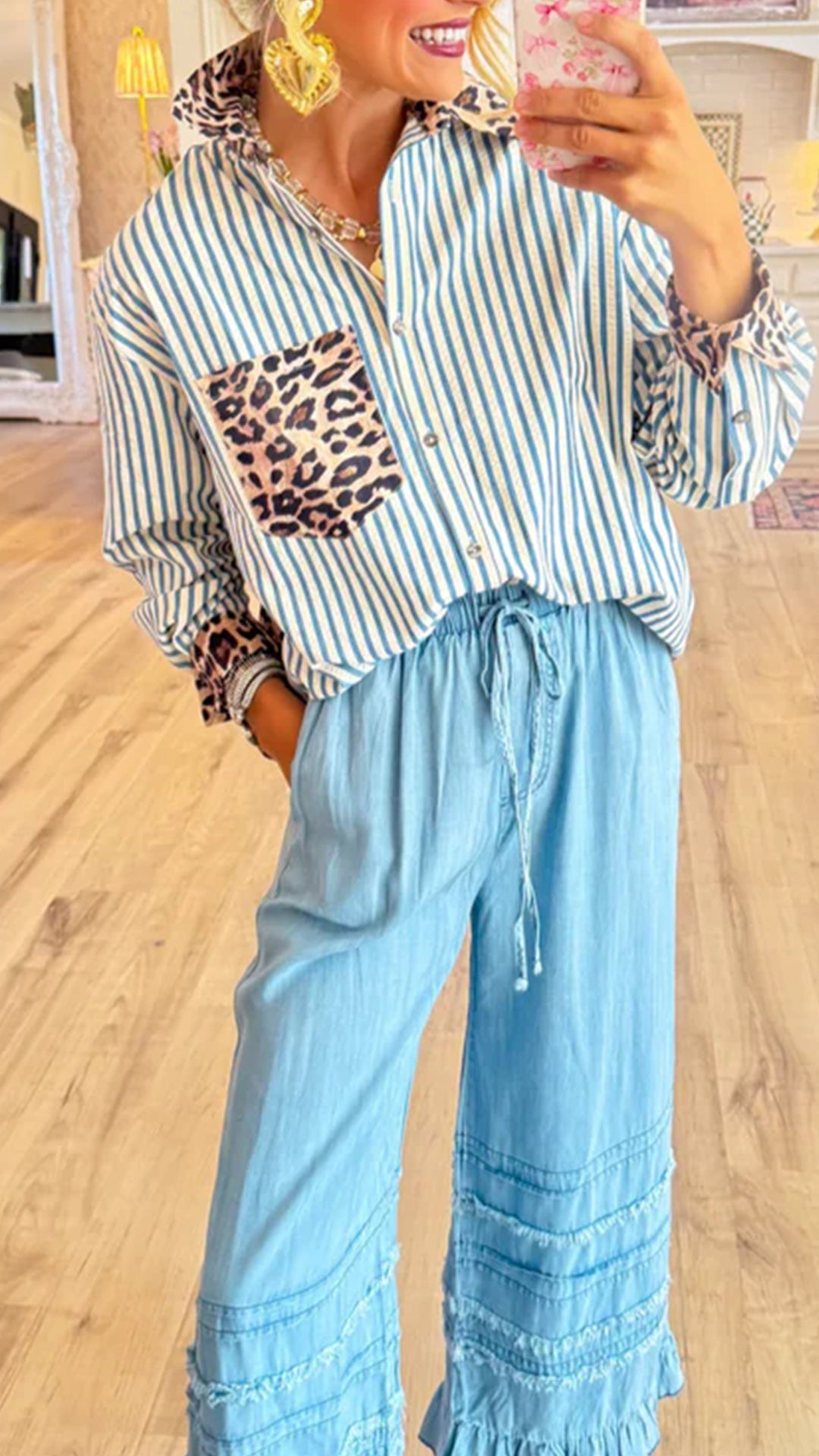 Women’s  Leopard Patchwork Striped Loose Long Sleeve Shirt