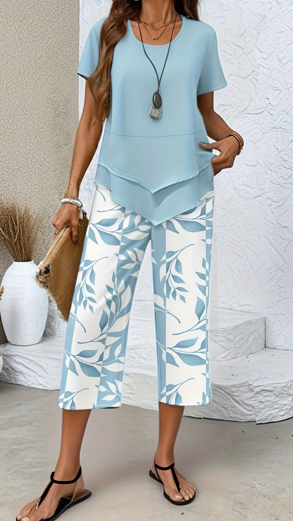 Women’s Irregular Hem Printed Loose Short Sleeve Two-Piece Set