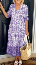 Women’s Blue and White Porcelain Print V-Neck Loose Ruffled Midi Dress