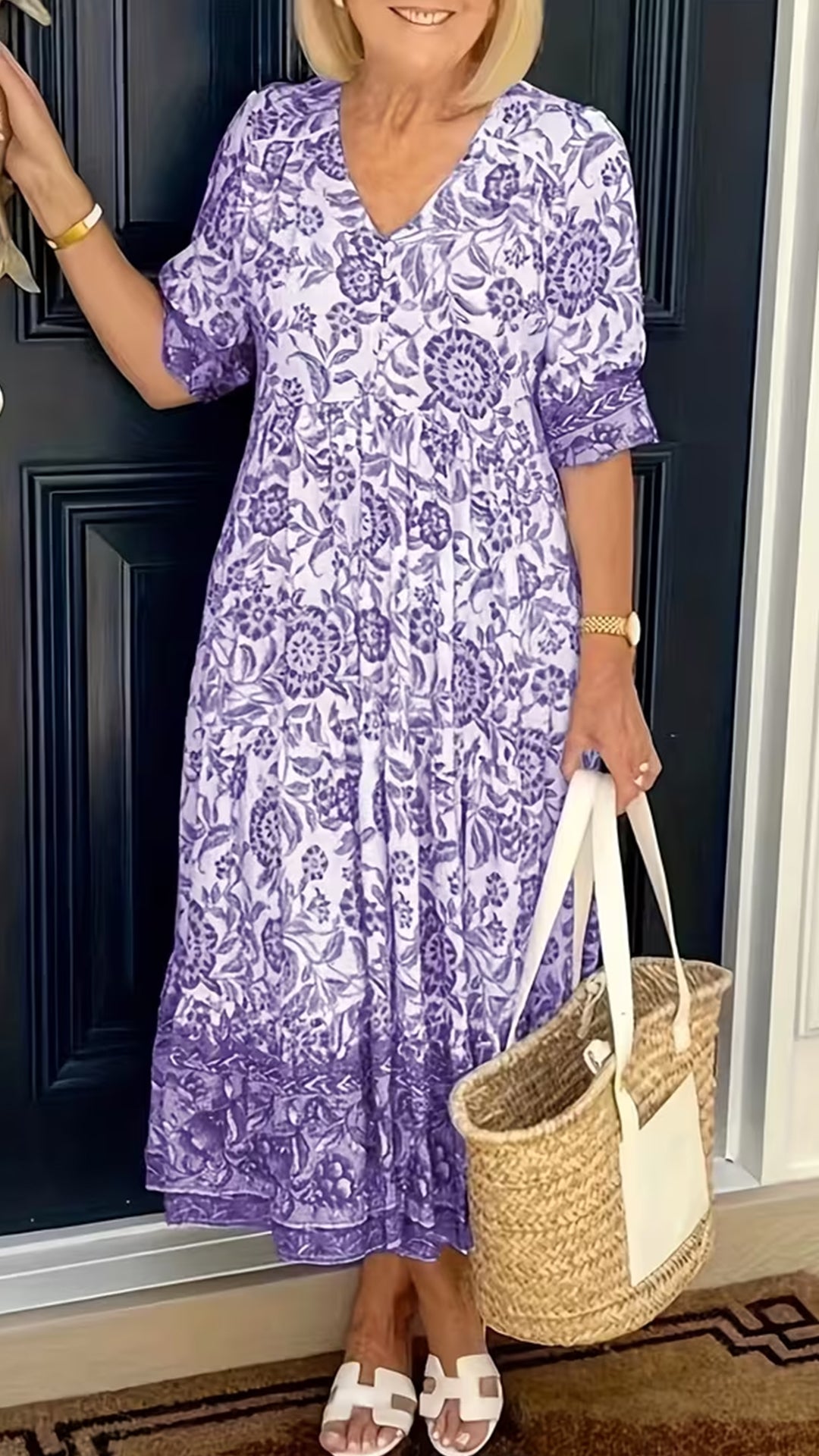 Women’s Blue and White Porcelain Print V-Neck Loose Ruffled Midi Dress