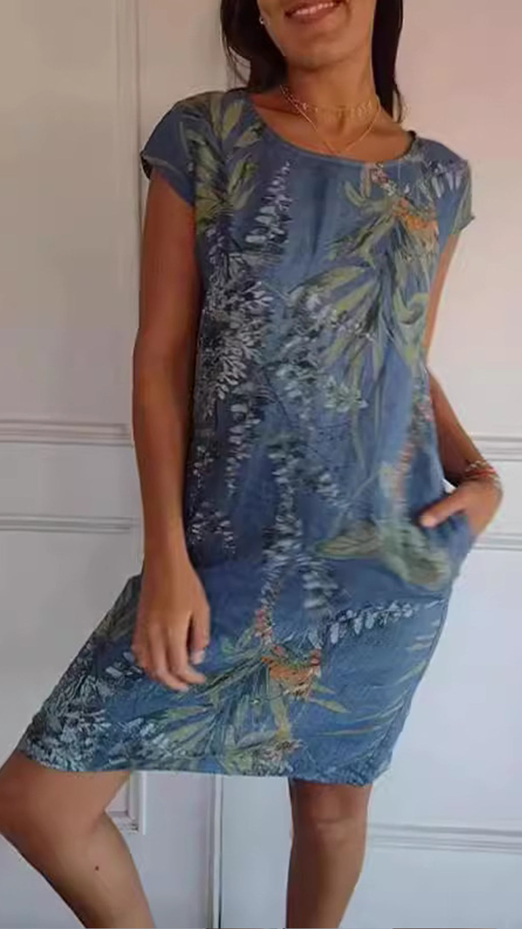 Women’s Botanical Print Crew Neck Loose Short Sleeve Dress