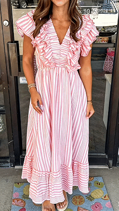 Women’s Ruffled V-Neck Striped Loose Maxi Dress