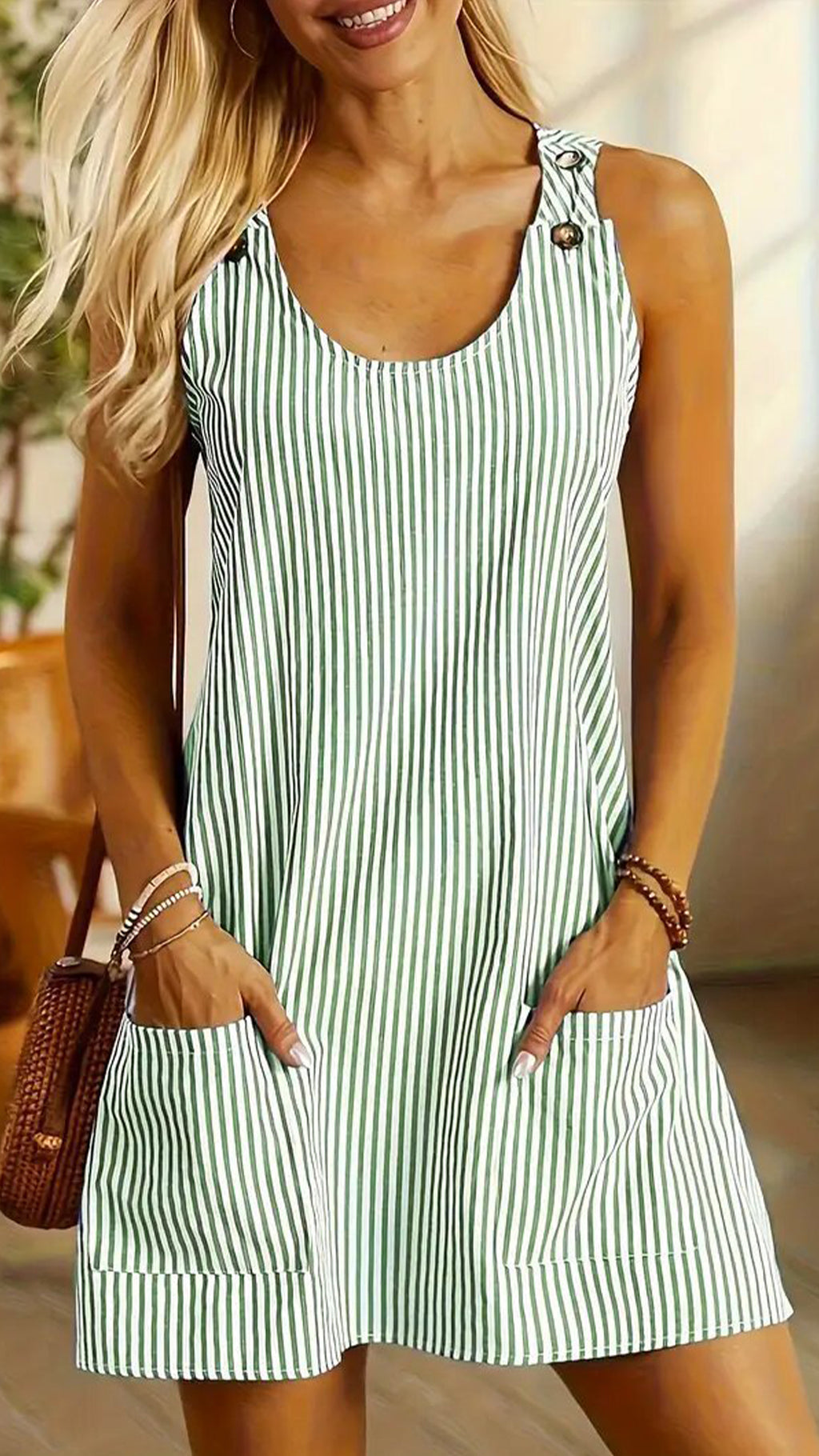 Women’s Adjustable Strap Striped Loose Overall Mini Dress