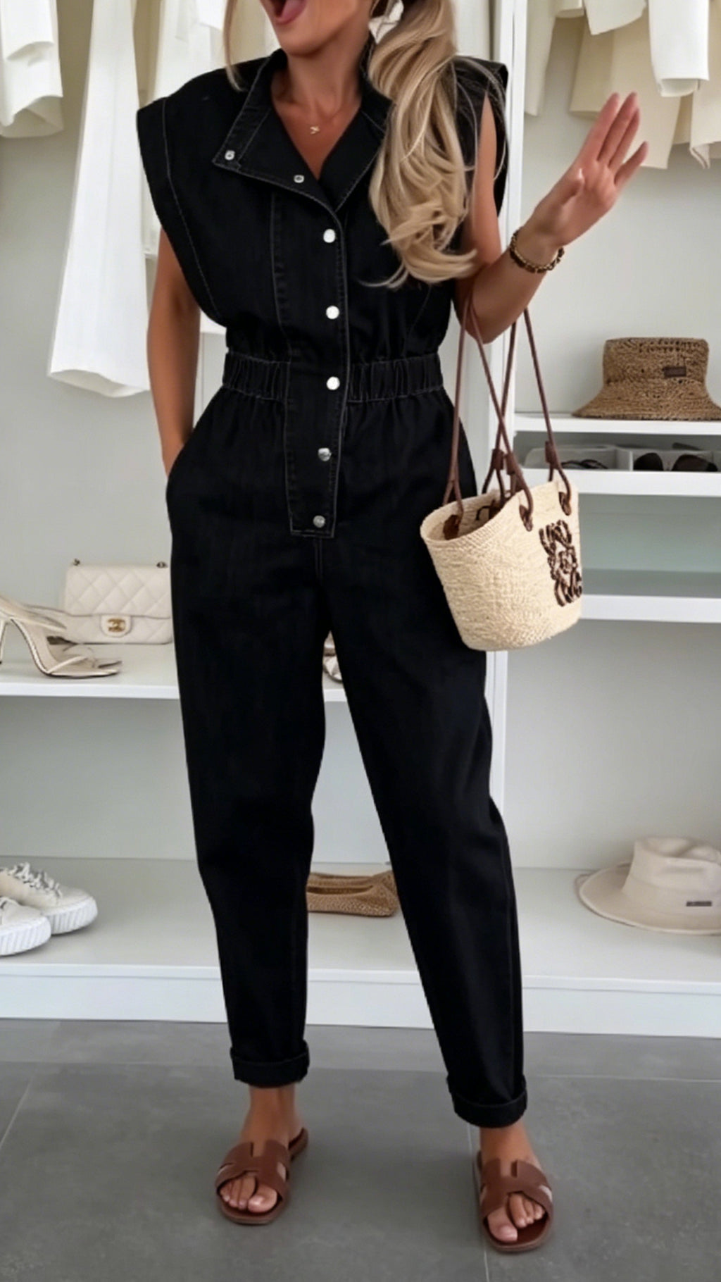 Women’s Stand Collar Sleeveless Denim Waist-Cinched Loose Jumpsuit