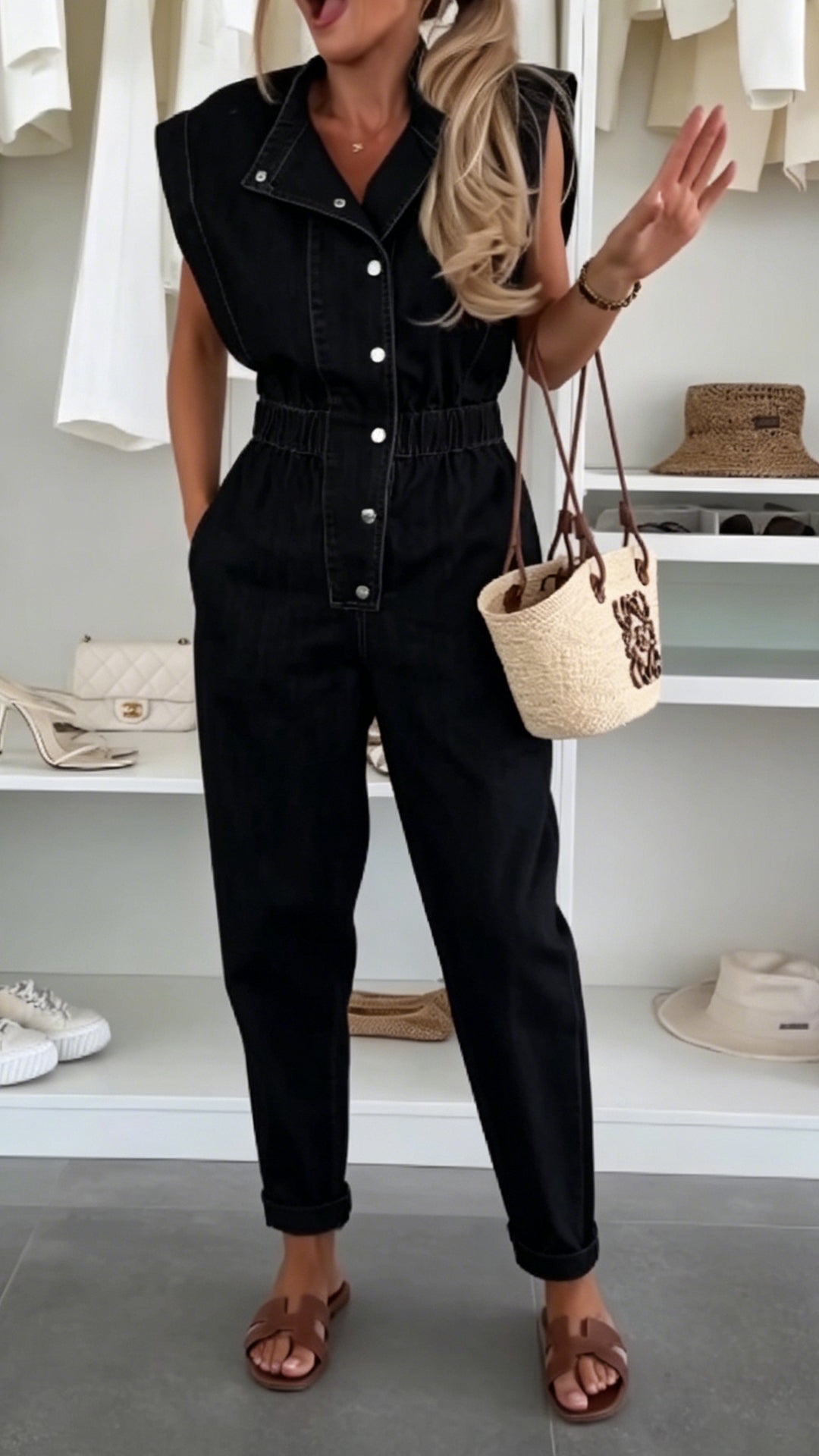 Women’s Stand Collar Sleeveless Denim Waist-Cinched Loose Jumpsuit