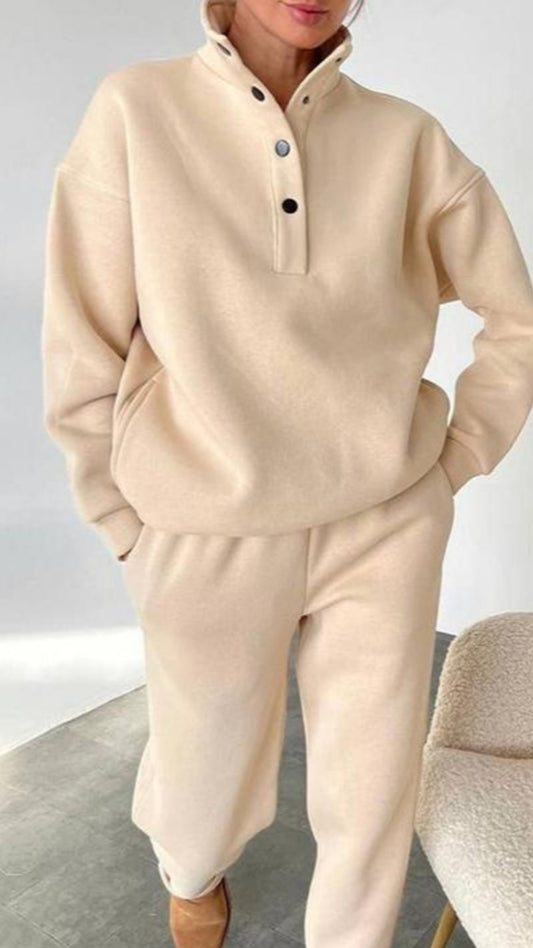 Half-Placket Stand Collar Fleece Loose Sweatshirt & Sweatpants Set