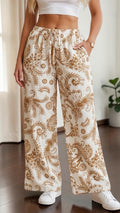 Women’s  Elastic Waist Retro Print Loose Wide Leg Polyester Pants
