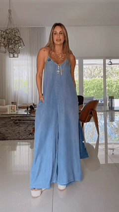 Women’s V-Neck Spaghetti Strap Denim-Like Loose Wide Leg Polyester Jumpsuit