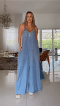 Women’s V-Neck Spaghetti Strap Denim-Like Loose Wide Leg Polyester Jumpsuit