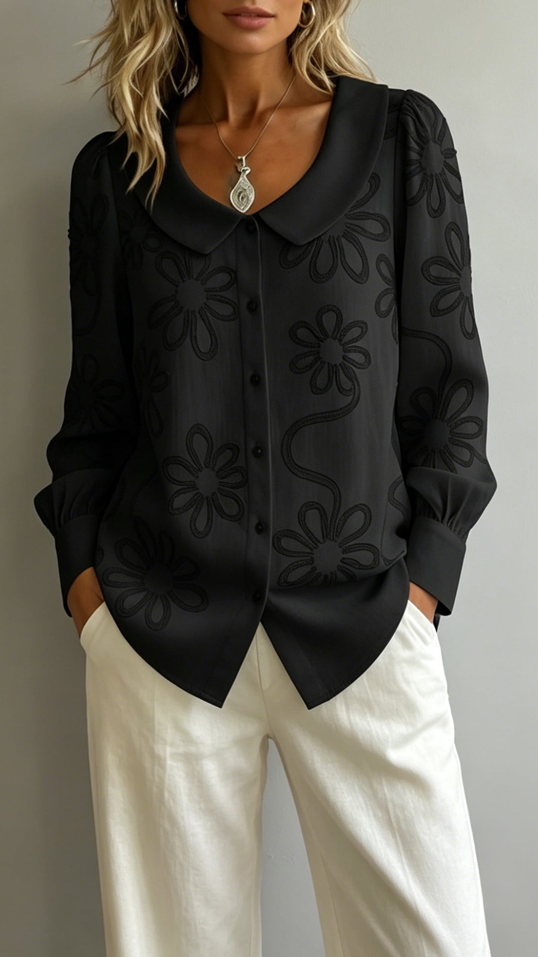 Women’s Doll Collar Printed Polyester Blouse