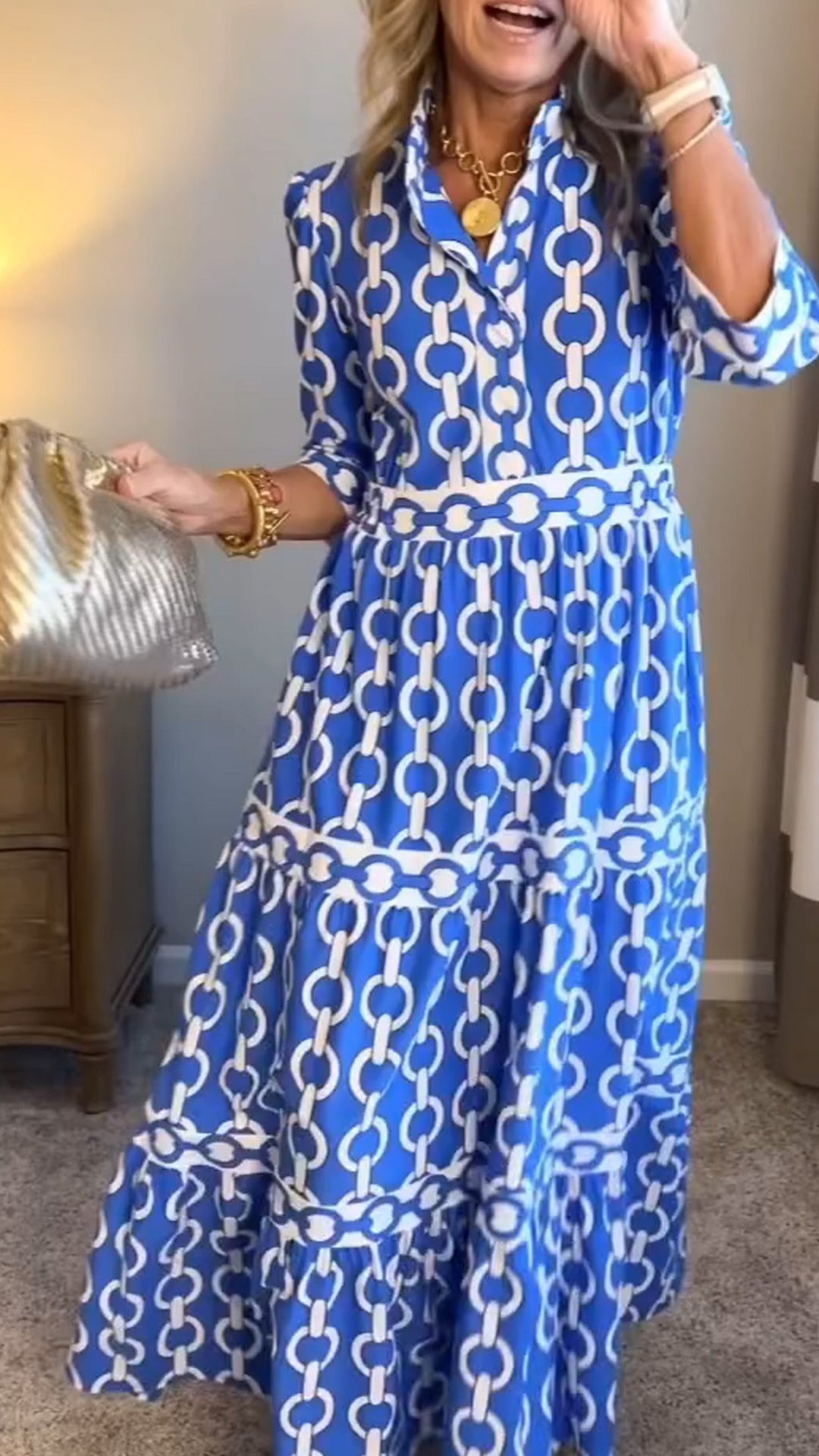 Women’s  Casual Vacation Style – Chain Print Shirt Dress