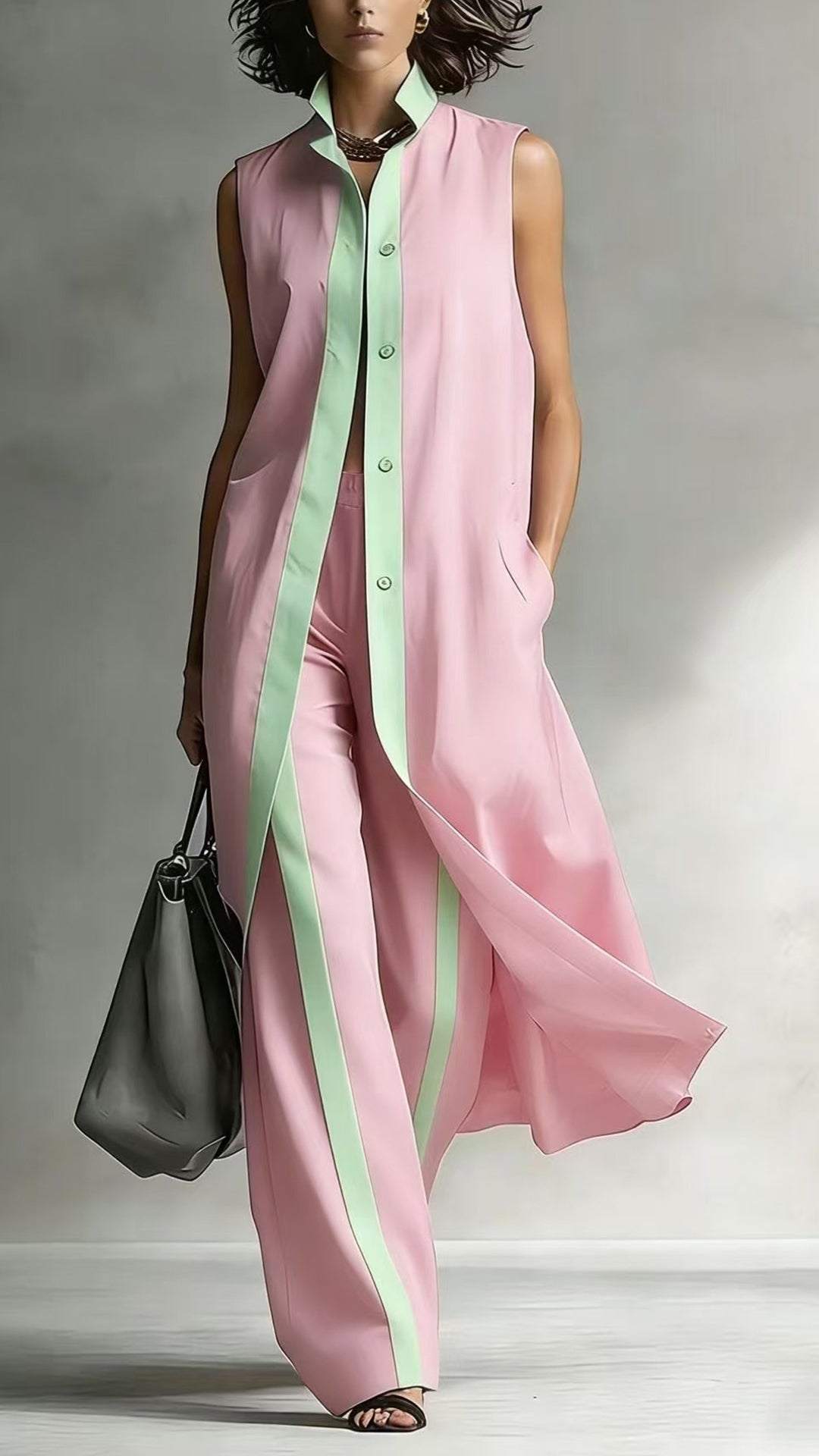 Women’s Color-Blocked Sleeveless Long Shirt & Wide-Leg Pants Set