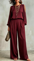 Women’s Cold-Shoulder Studded Top & Wide-Leg Pants Cotton Blend Set