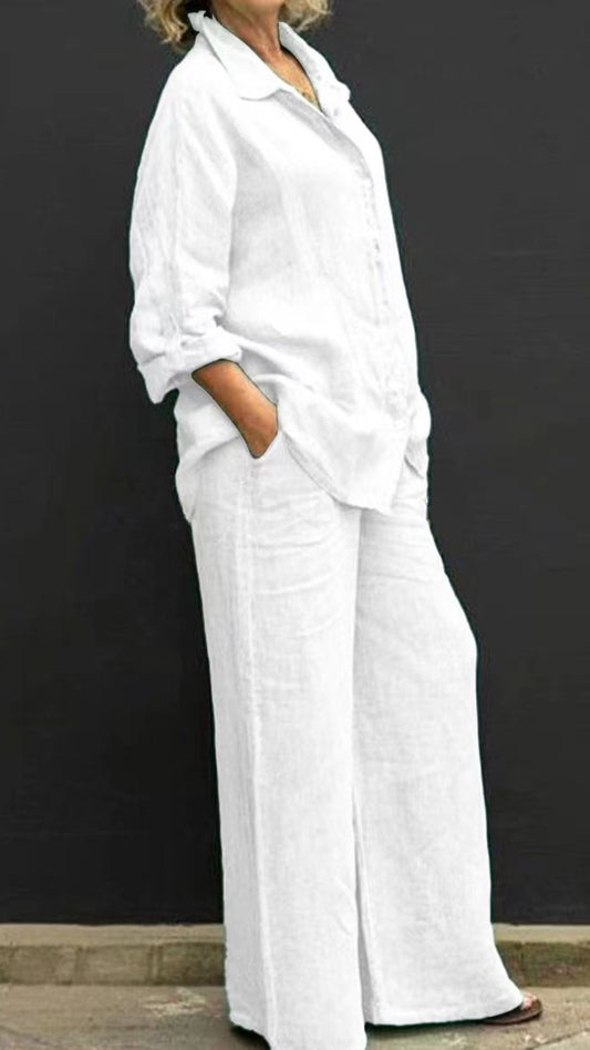 Women’s Linen Lapel Shirt & Wide-Leg Pants Two-Piece Set