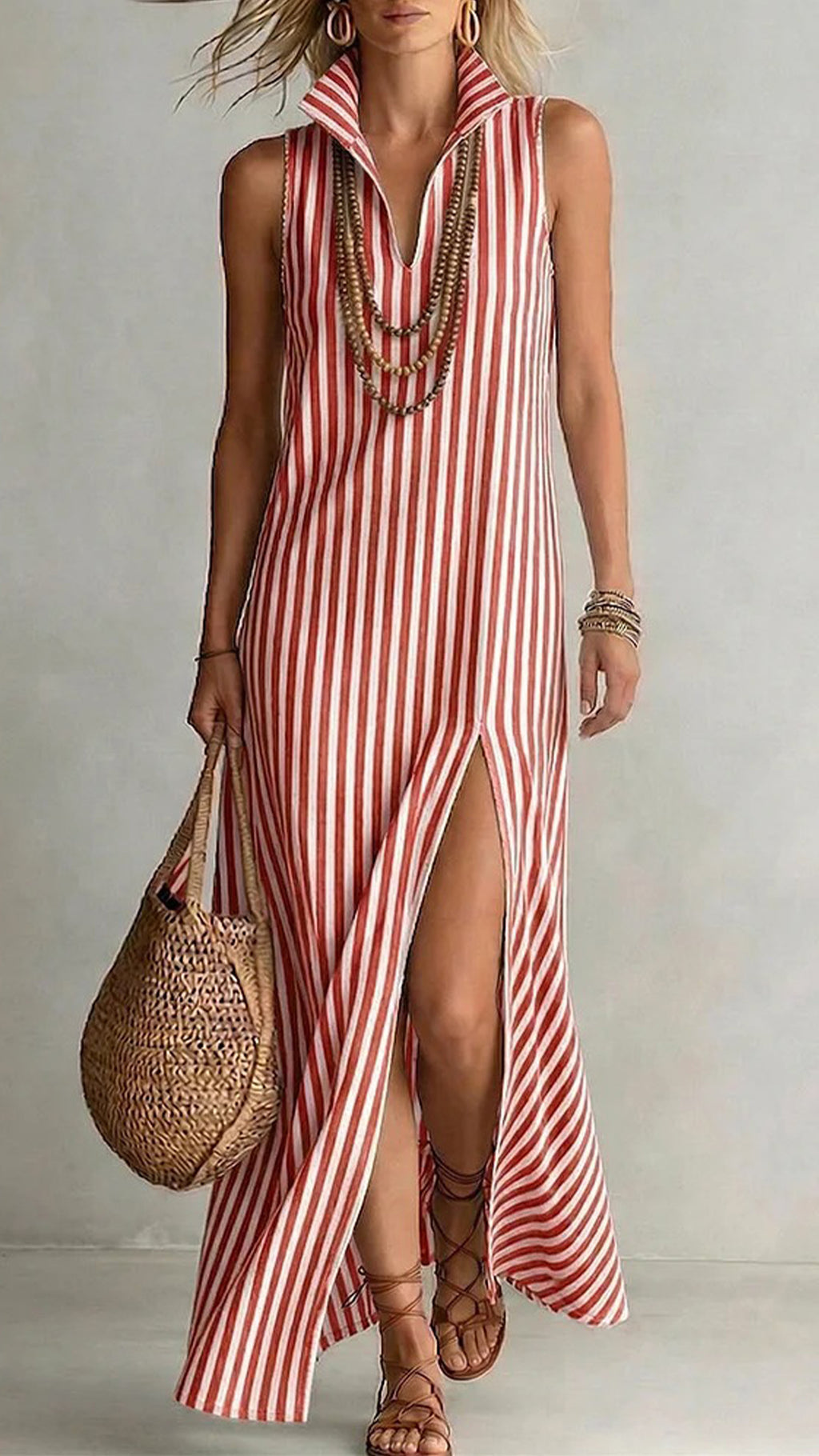 Women’s Striped Sleeveless Shirt Collar Dress