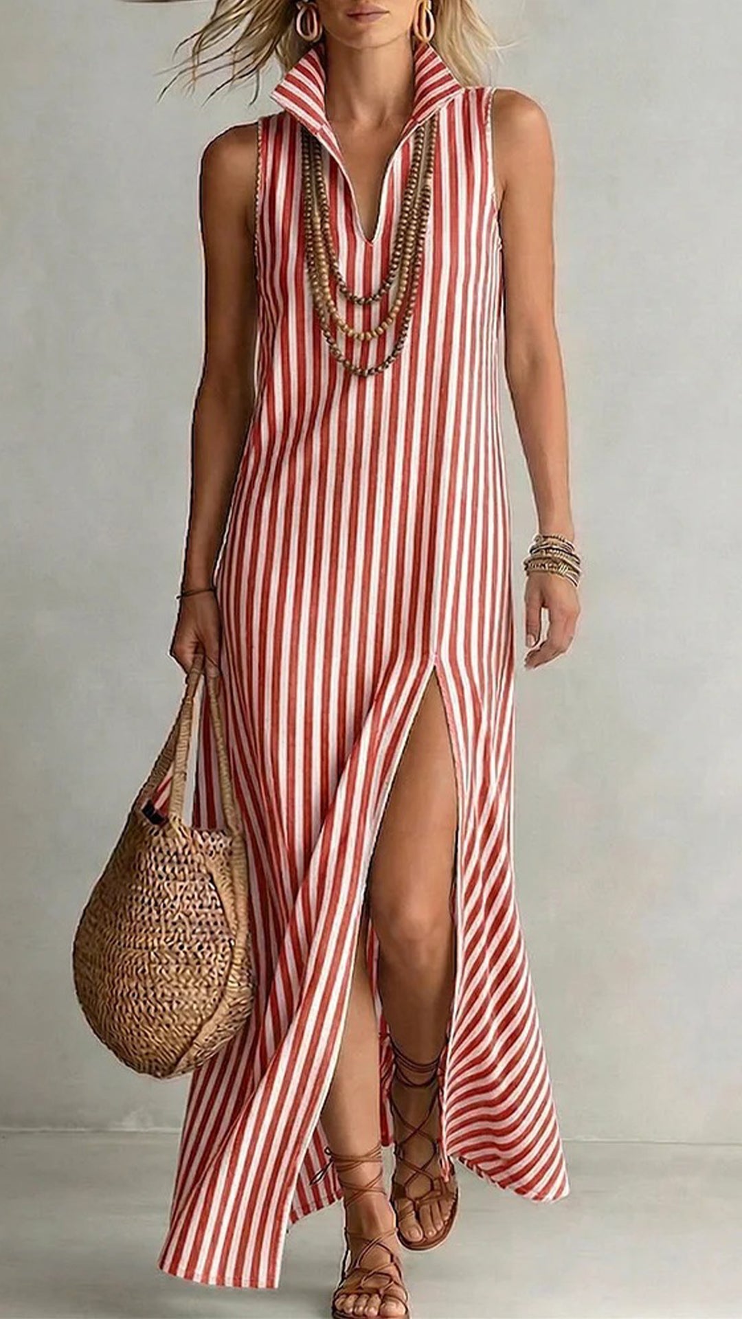 Women’s Striped Sleeveless Shirt Collar Dress