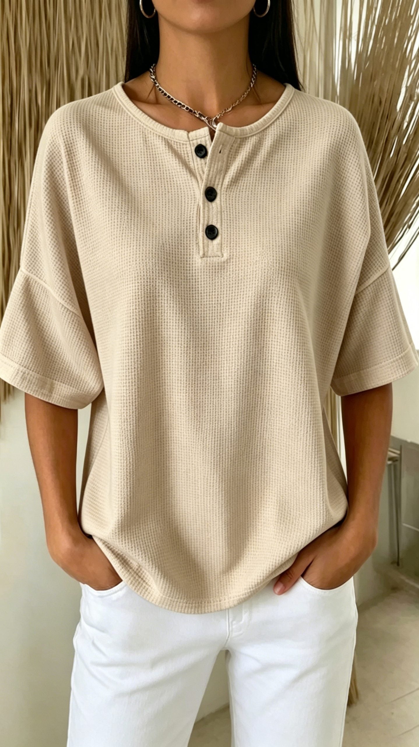 Women’s Solid-Color Waffle-Knit Top with Round Neck and Front Placket