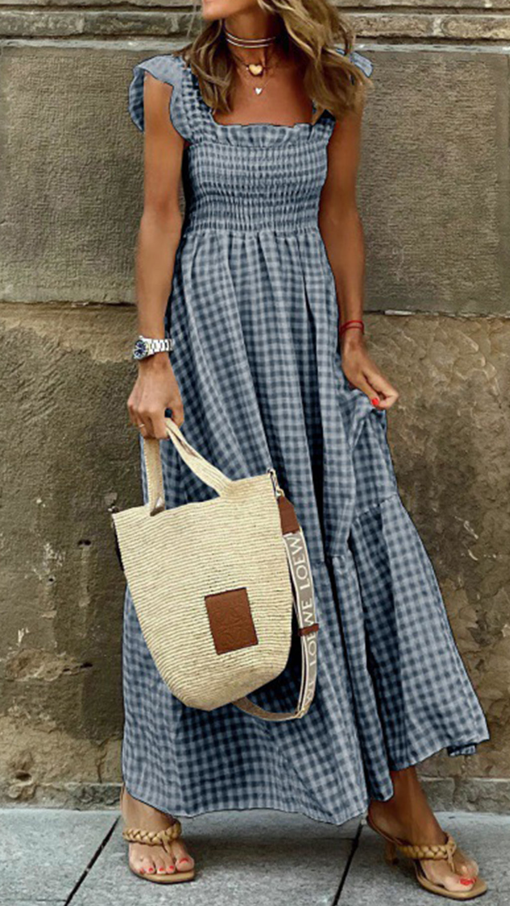 Women’s  Beige Gingham Linen-Blend Maxi Dress