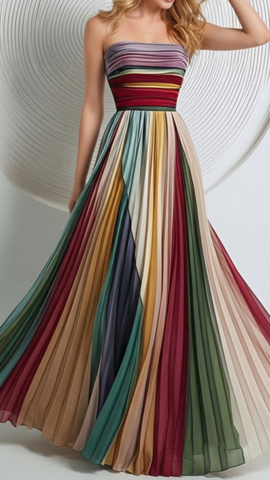 Women’s Strapless Rainbow Stripe Cotton-Blend Maxi Dress
