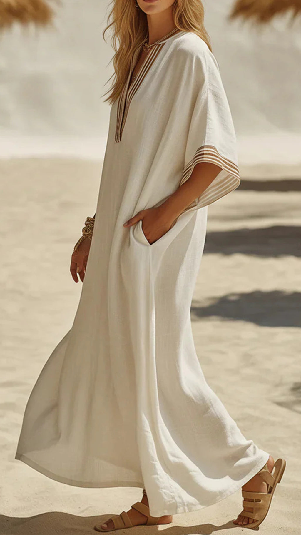 Women’s Striped Trim Cotton-Blend Kaftan Dress