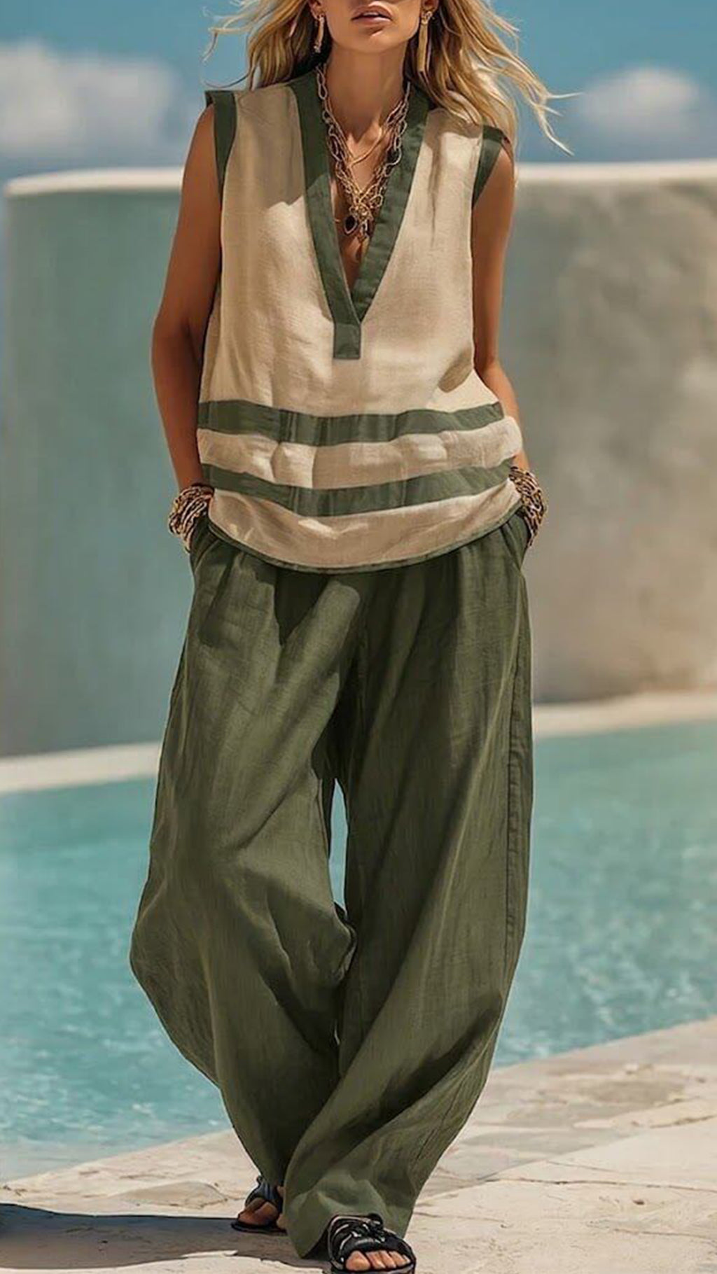 Women’s  Color-Block Stripe Cotton-Blend Two-Piece Set