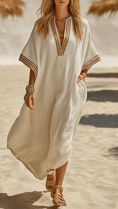 Women’s Striped Trim Cotton-Blend Kaftan Dress