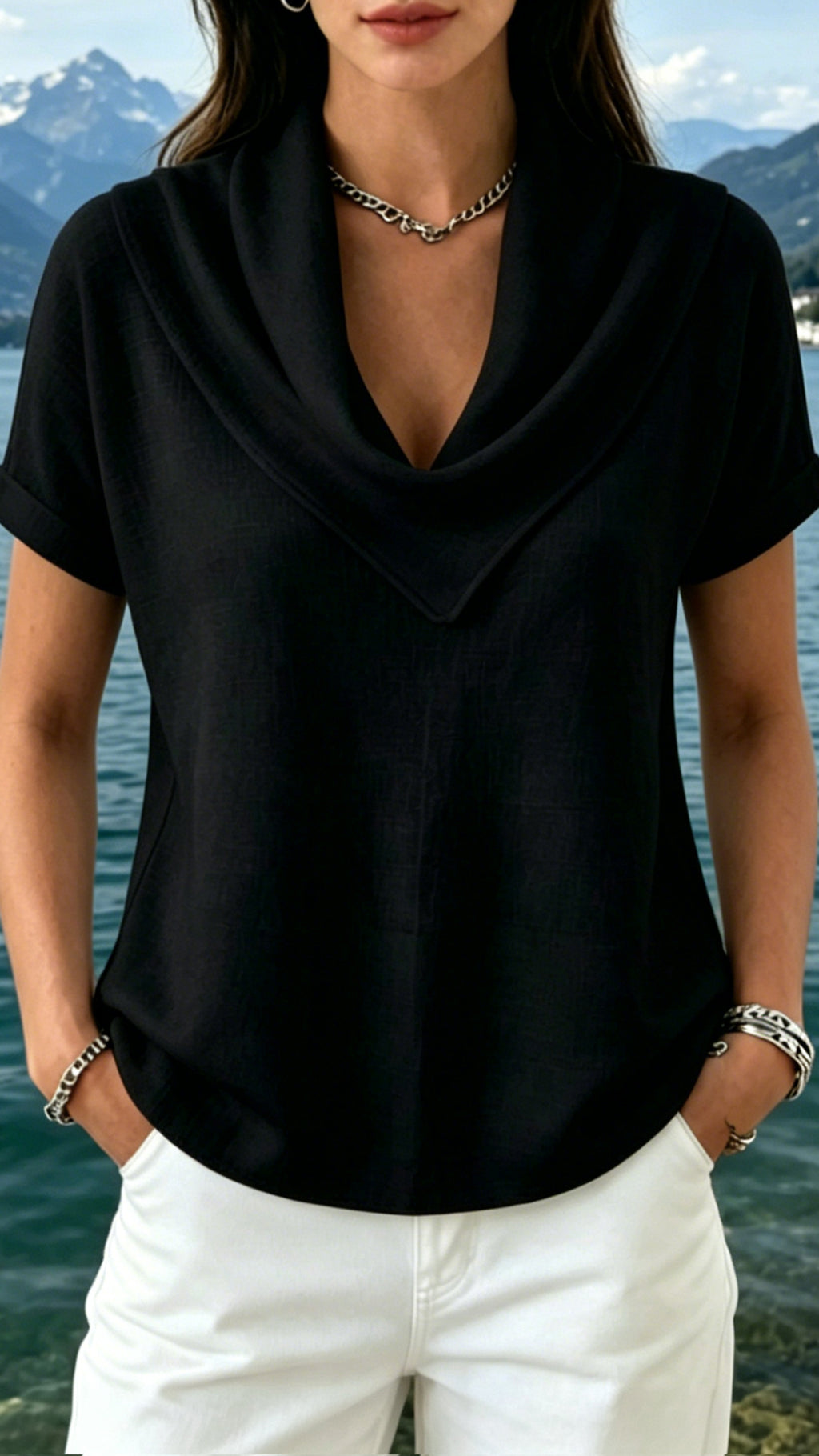 Women’s Cowl Neck Cotton-Linen Short-Sleeve Top