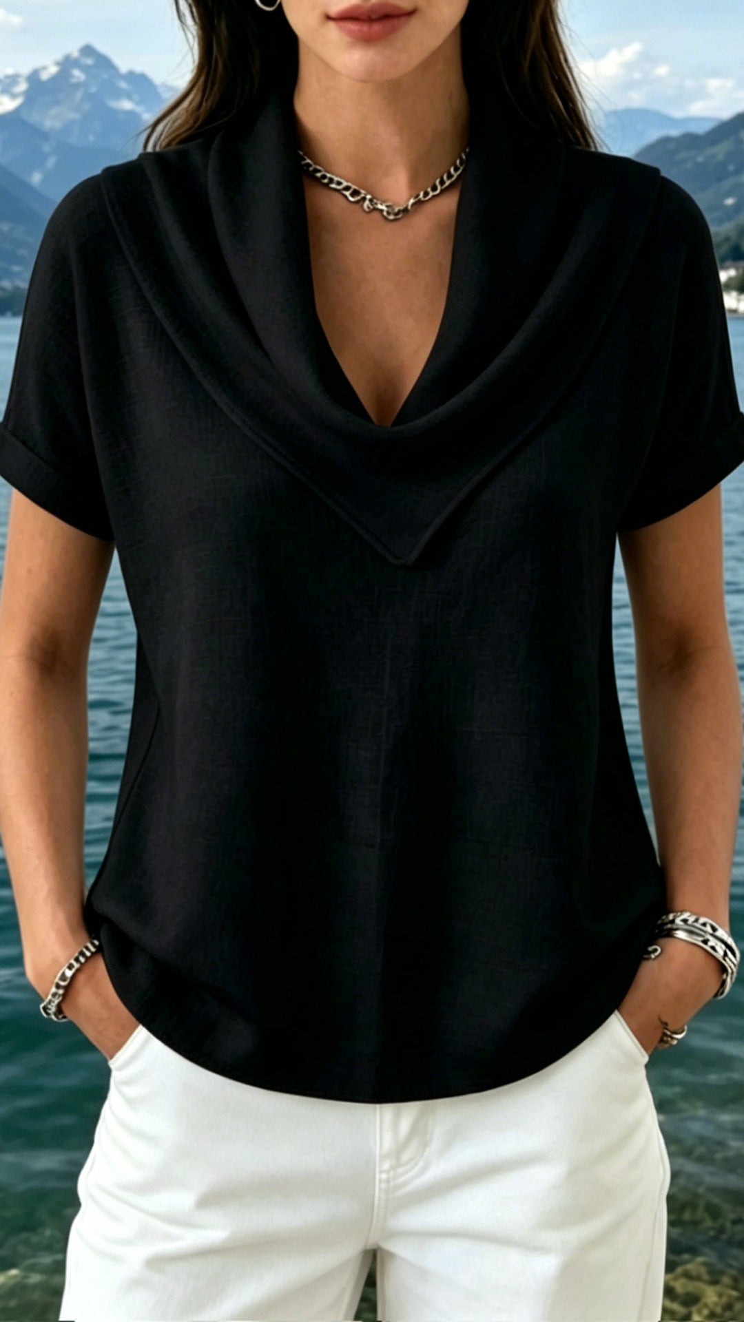 Women’s Cowl Neck Cotton-Linen Short-Sleeve Top