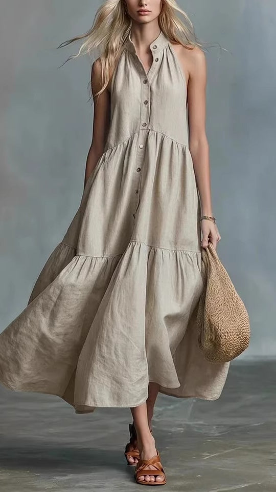 Women’s Sleeveless Casual Loose Linen Button-Down Vest Dress
