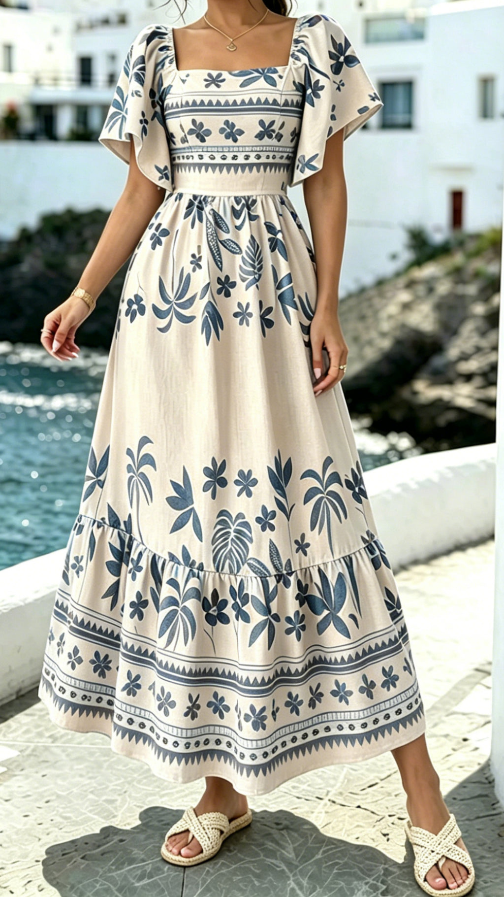 Women’s Printed Dress with Square Neckline and Flutter Sleeves