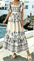 Women’s Printed Dress with Square Neckline and Flutter Sleeves