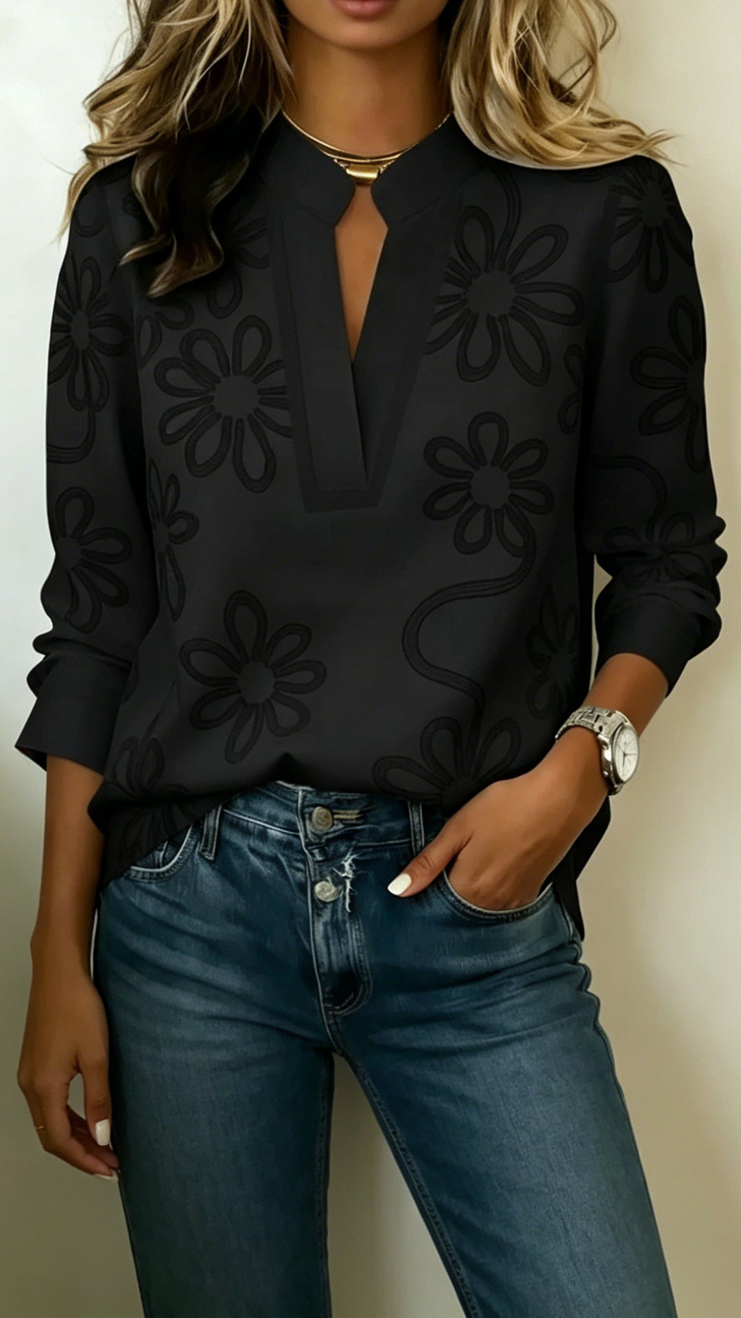 Women’s Floral Print Cotton-Blend Stand Collar Blouse