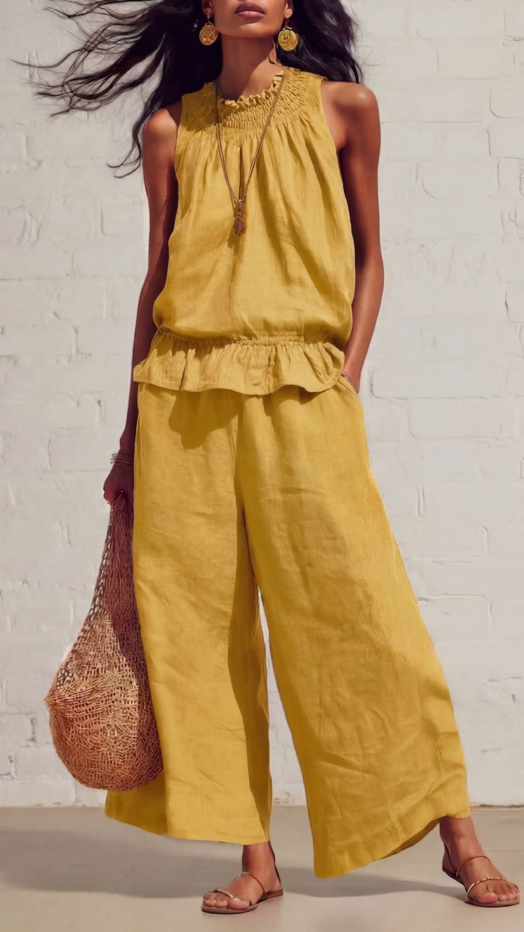 Women’s Vintage Bohemian Ruffled Cotton-Linen Two-Piece Set