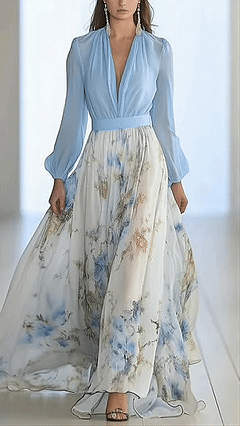 Women’s Floral Print Cotton-Blend Deep V-Neck Maxi Dress
