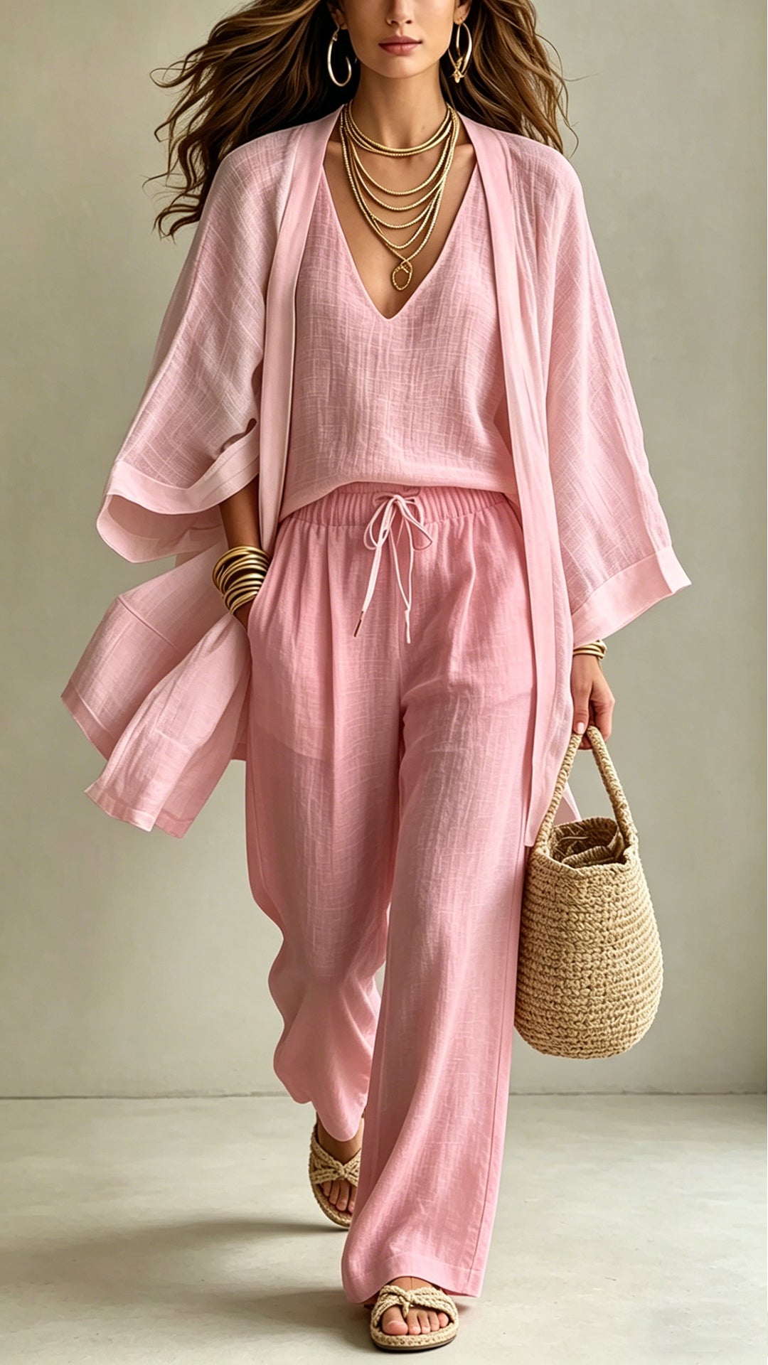 Women’s  Linen-Blend Three-Piece Set(Kimono + Tank + Pants)
