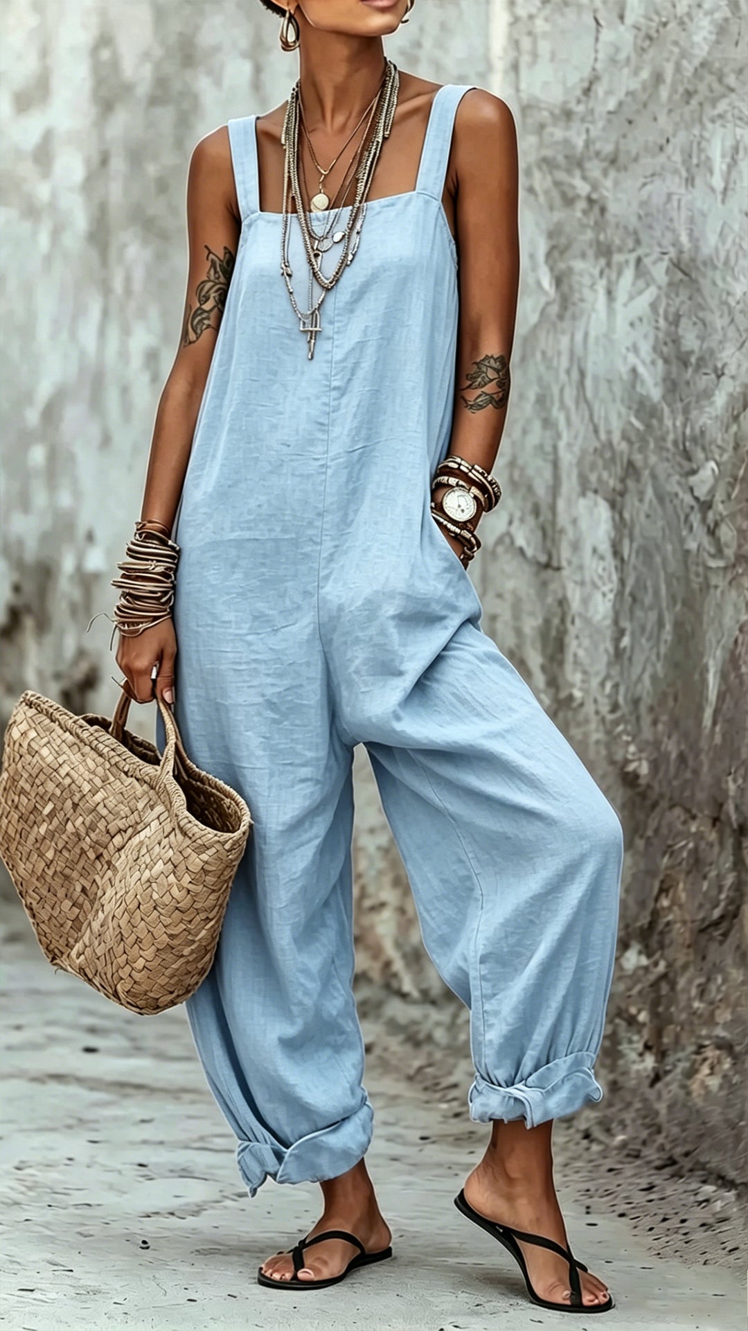 Women’s Minimalist Striped Loose-Fit Square-Neck Sleeveless Jumpsuit
