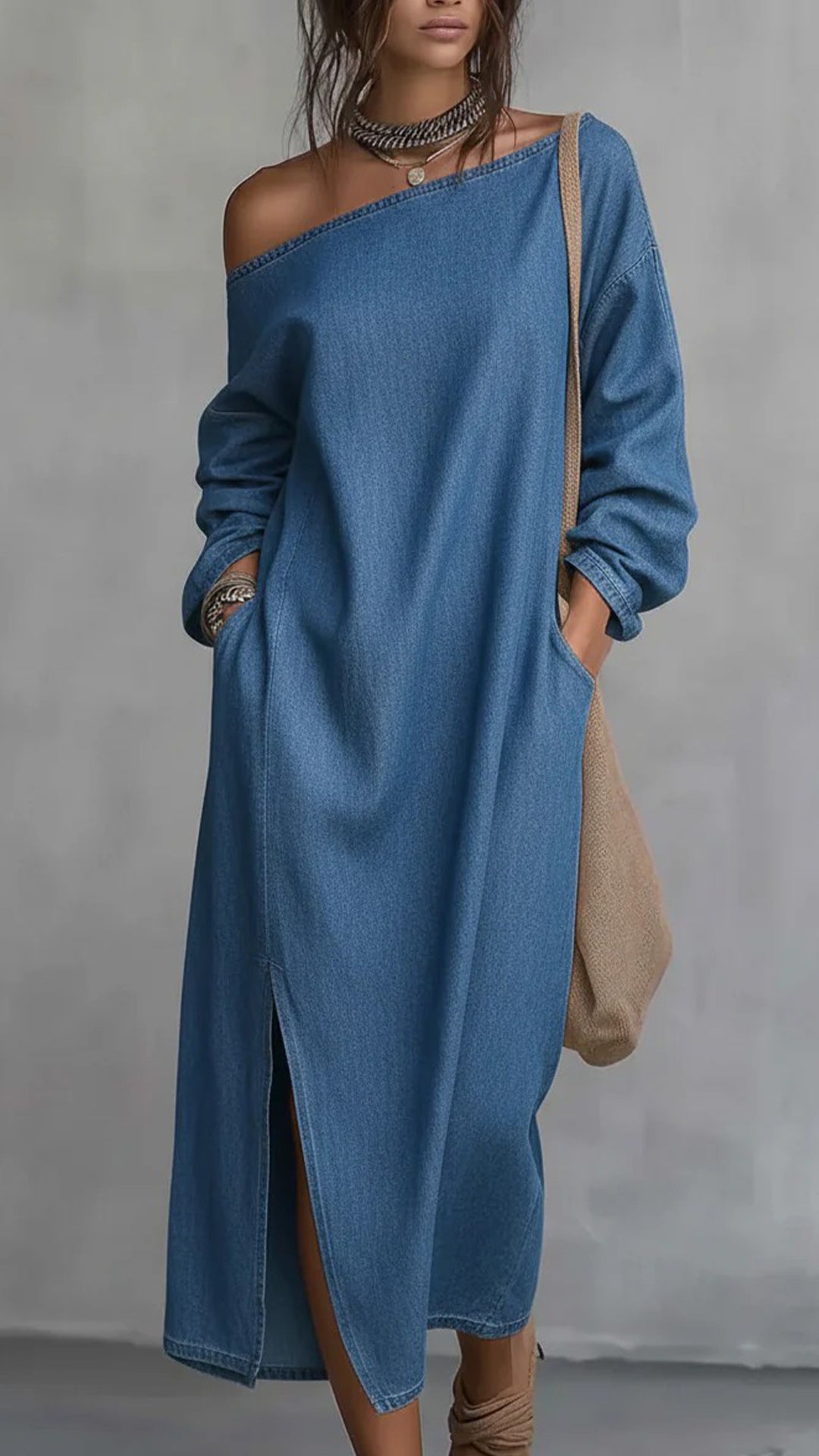 Women’s Denim Off-the-Shoulder Long-Sleeve Dress