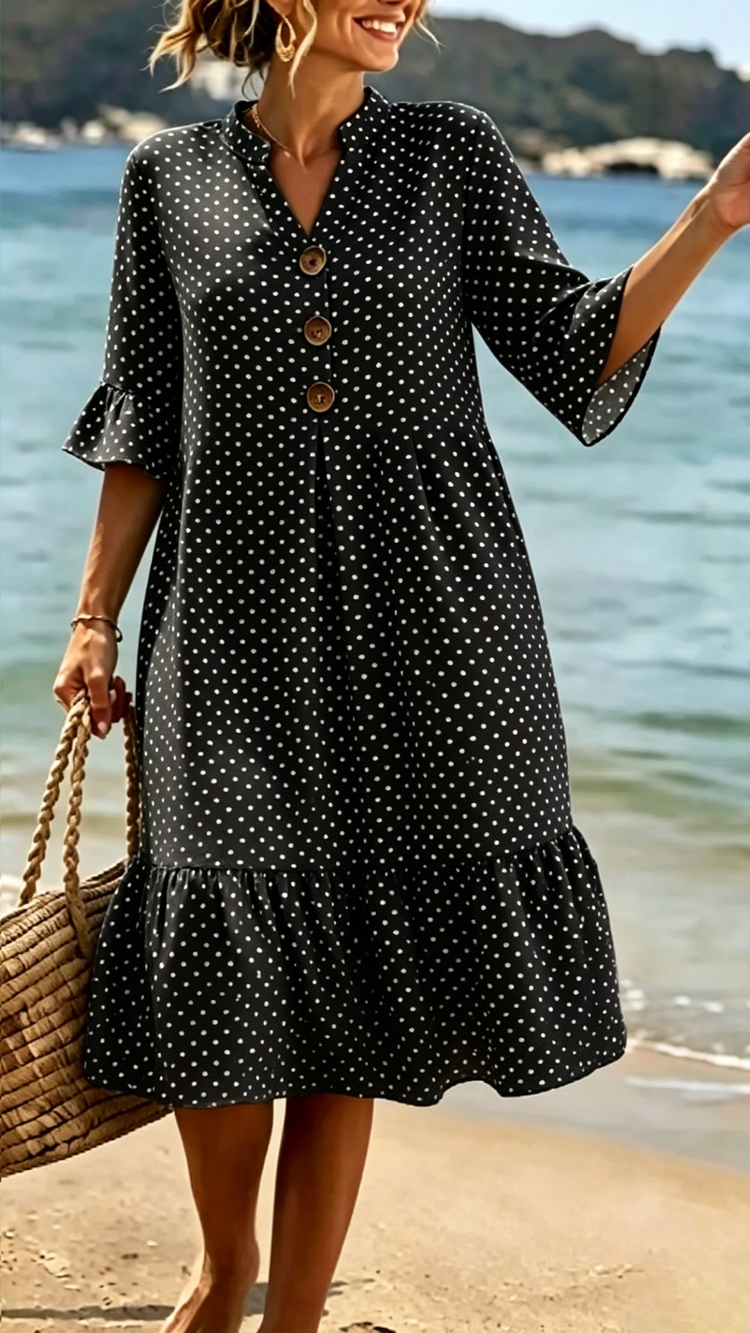 Women’s Cotton-Blend Polka Dot Ruffle Hem Dress