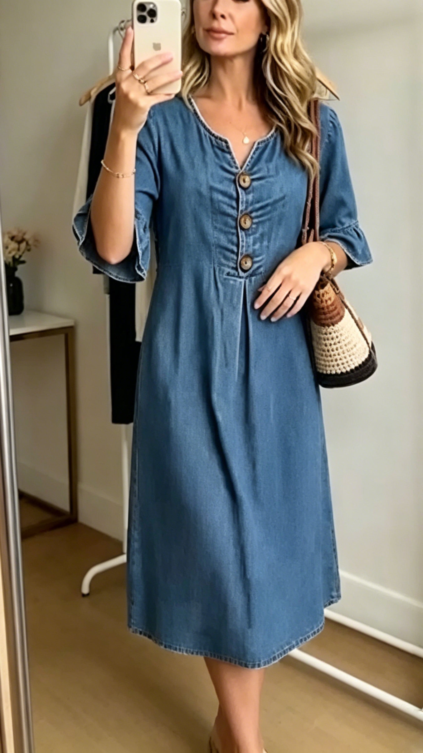 Women’s Cotton-Linen Dress with V-Neck, Large Buttons, and Ruffled Sleeves