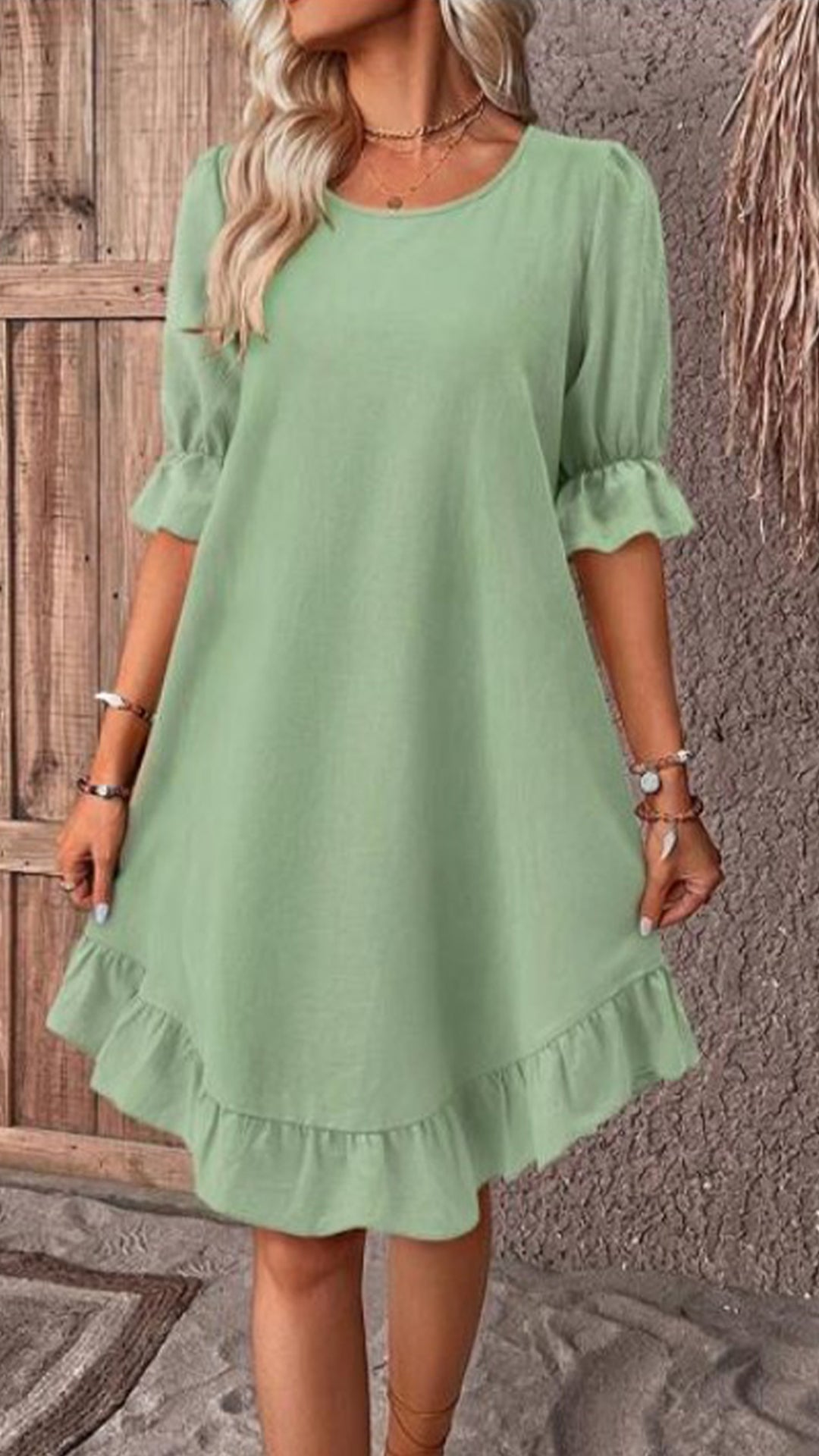 Women’s Cotton-Linen Round Neck Ruffle Hem Dress