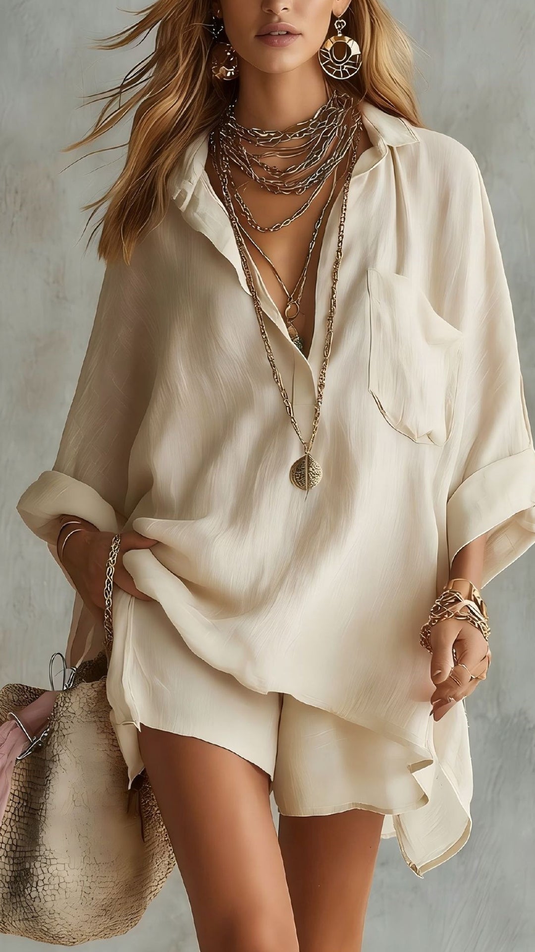 Women’s Cotton-Blend Loose Shirt & Shorts Set