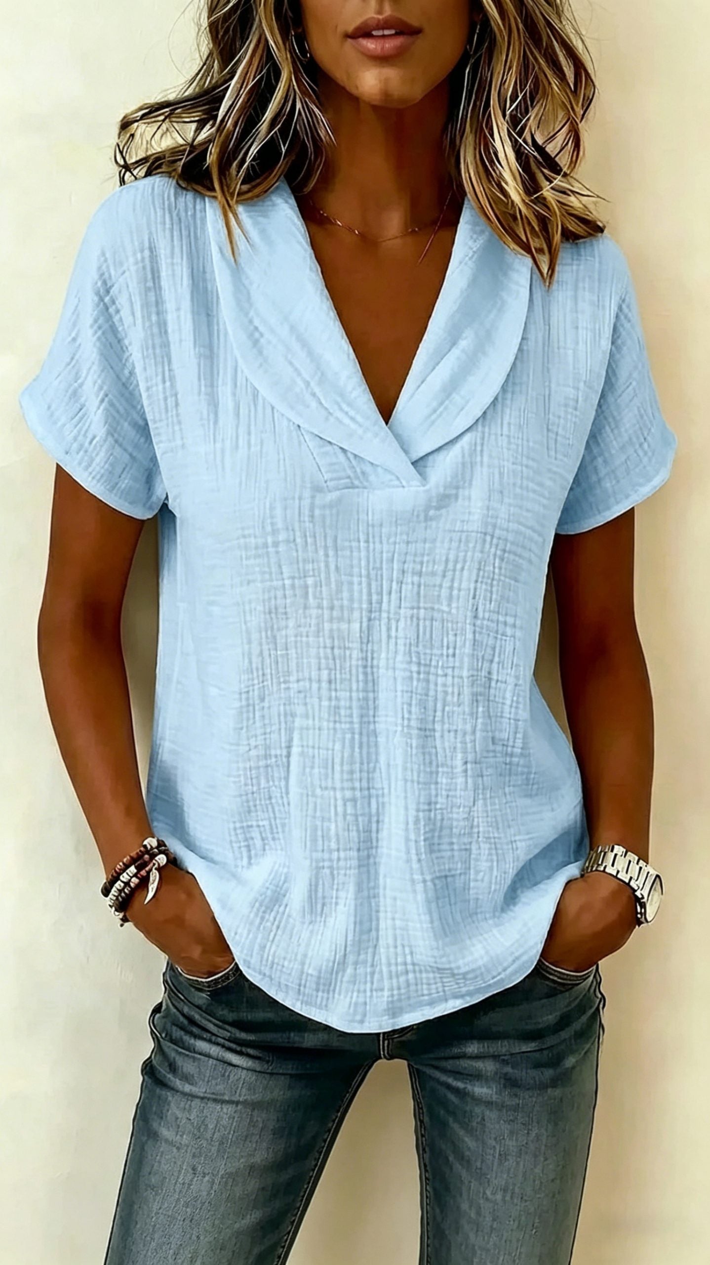 Women’s Short-Sleeve Crepe V-Neck Casual Fashion T-Shirt