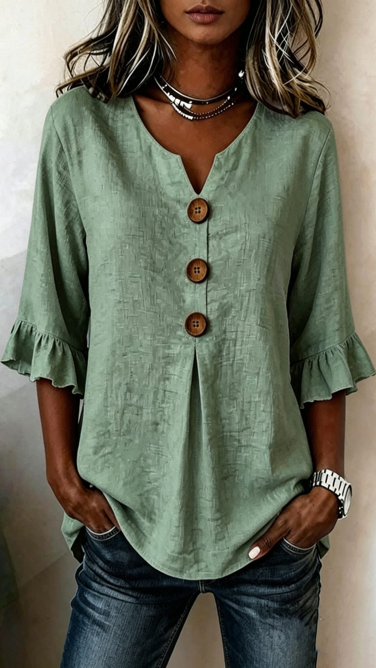 Women’s V-Neck Cotton-Linen Button-Up Top