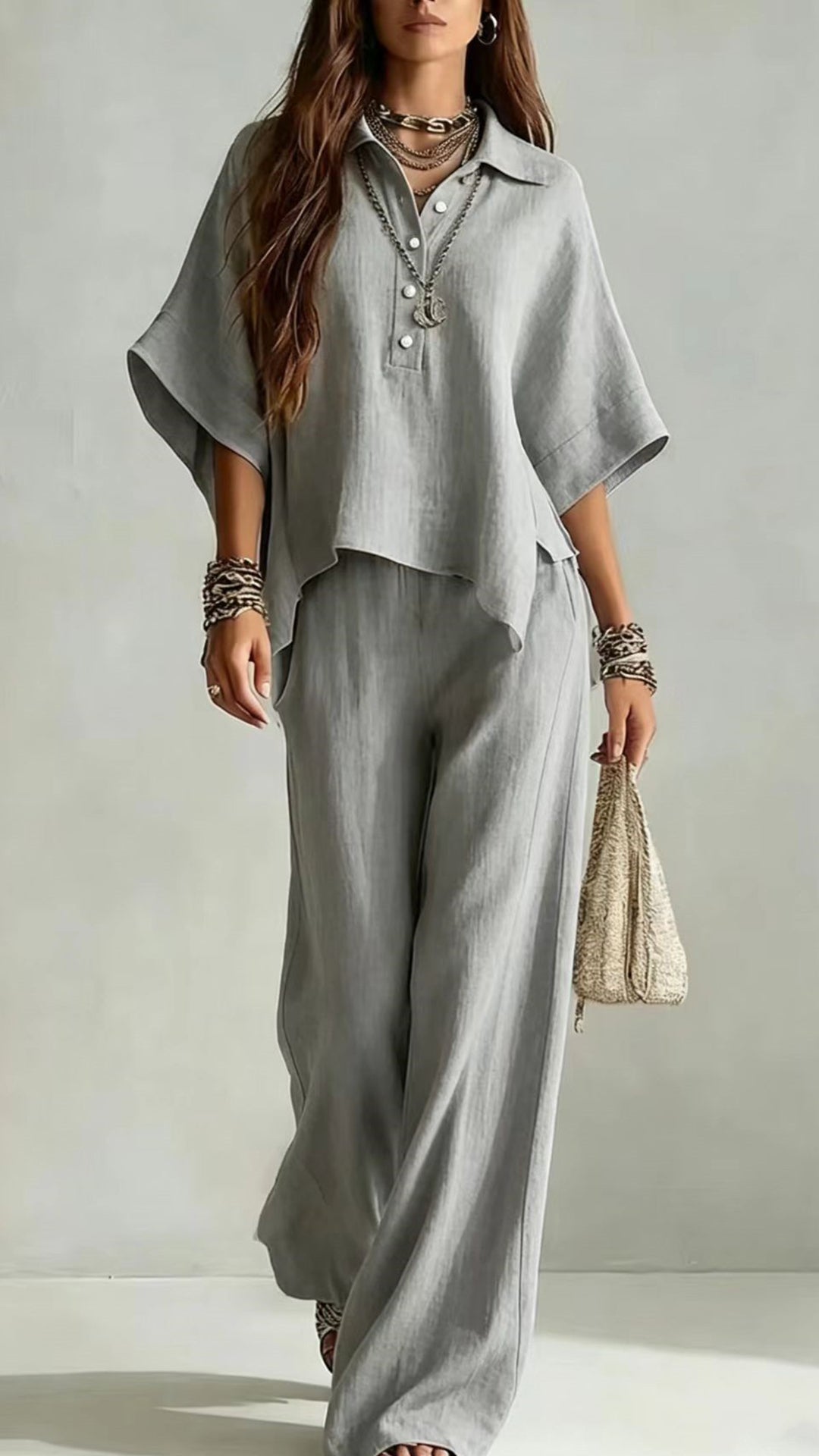 Women’s Cotton-Blend Henley Neck Wide-Leg Pants Set