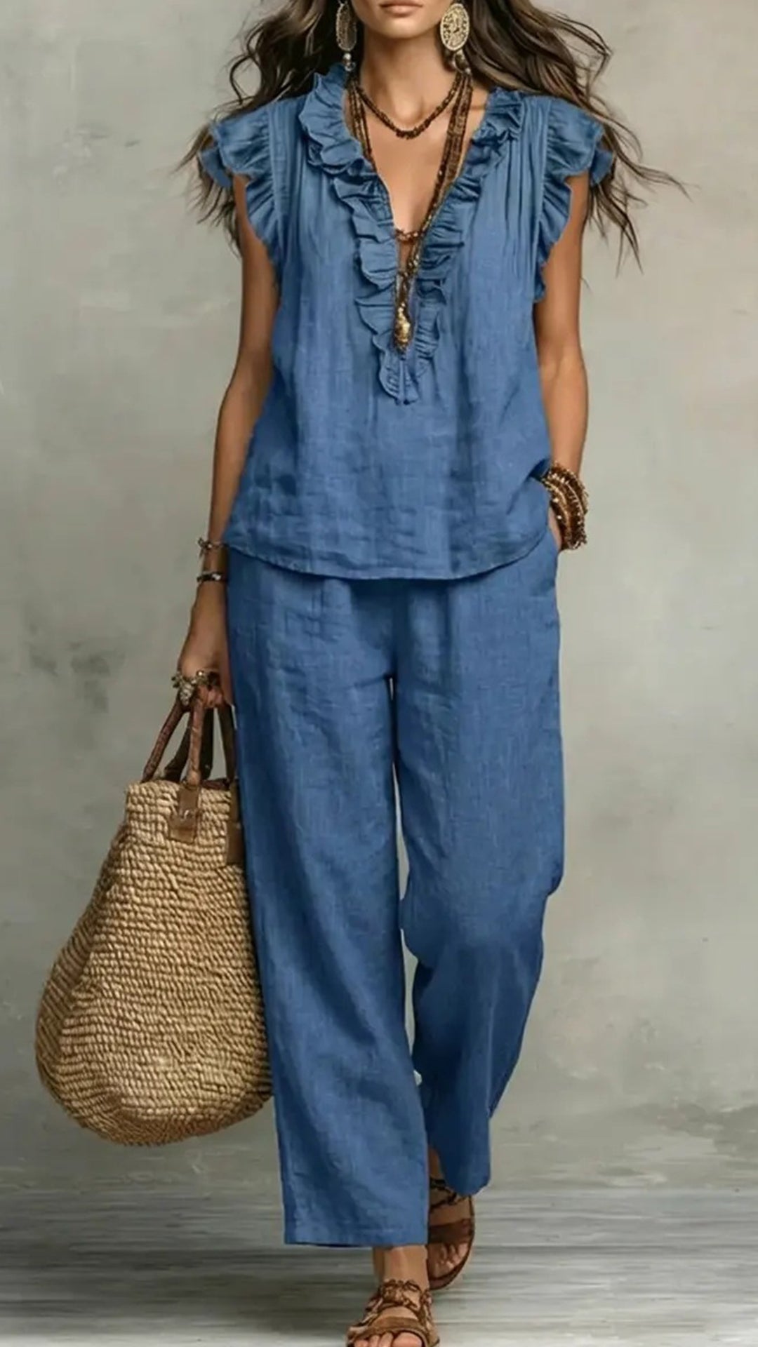 Women’s Cotton-Blend Ruffle V-Neck & Wide-Leg Pants Set