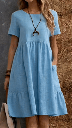 Women’s Cotton-Linen Round Neck Ruffle Hem Dress
